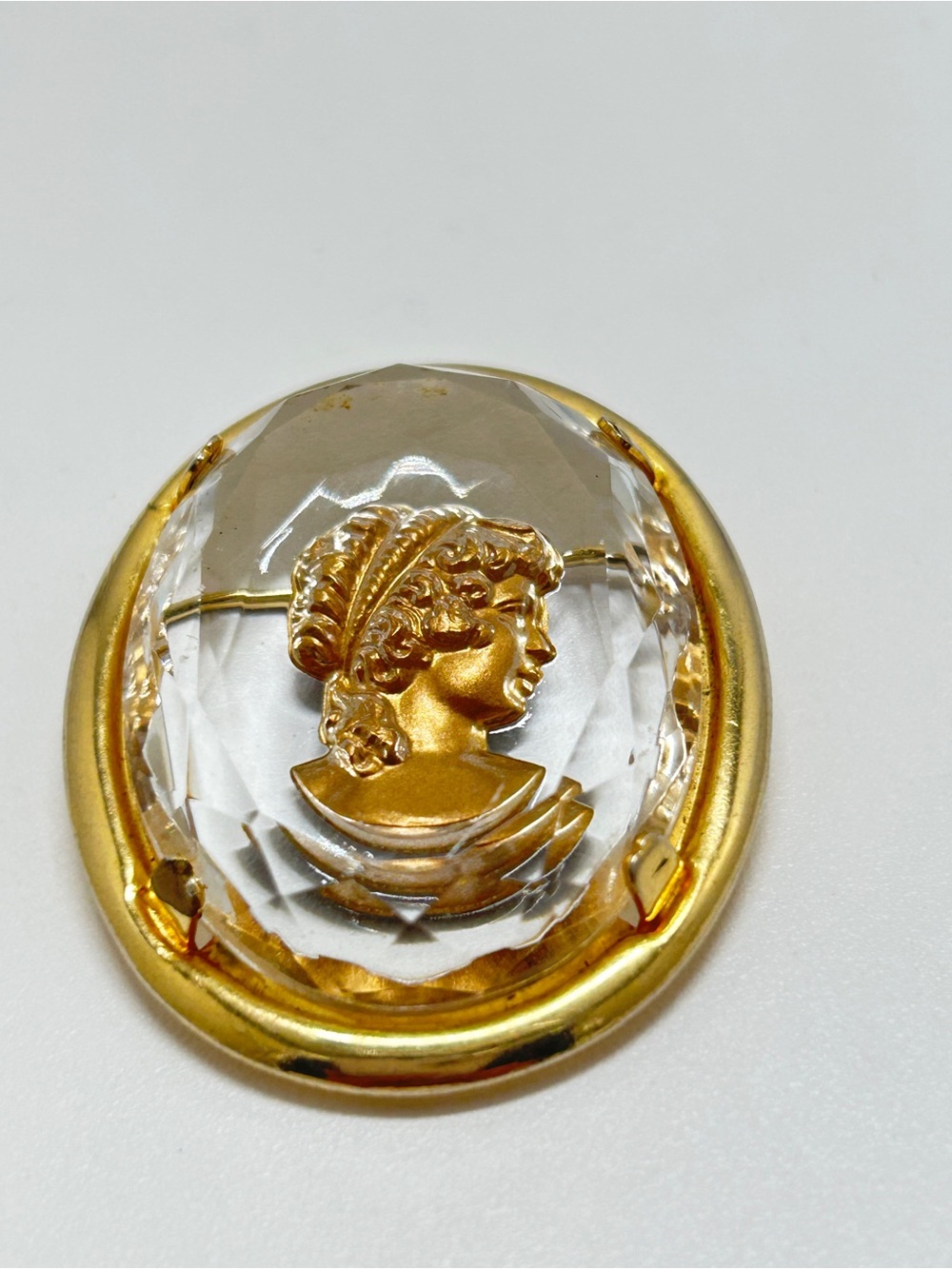 Vintage, Gold And Clear Glass Reverse Carved Cameo